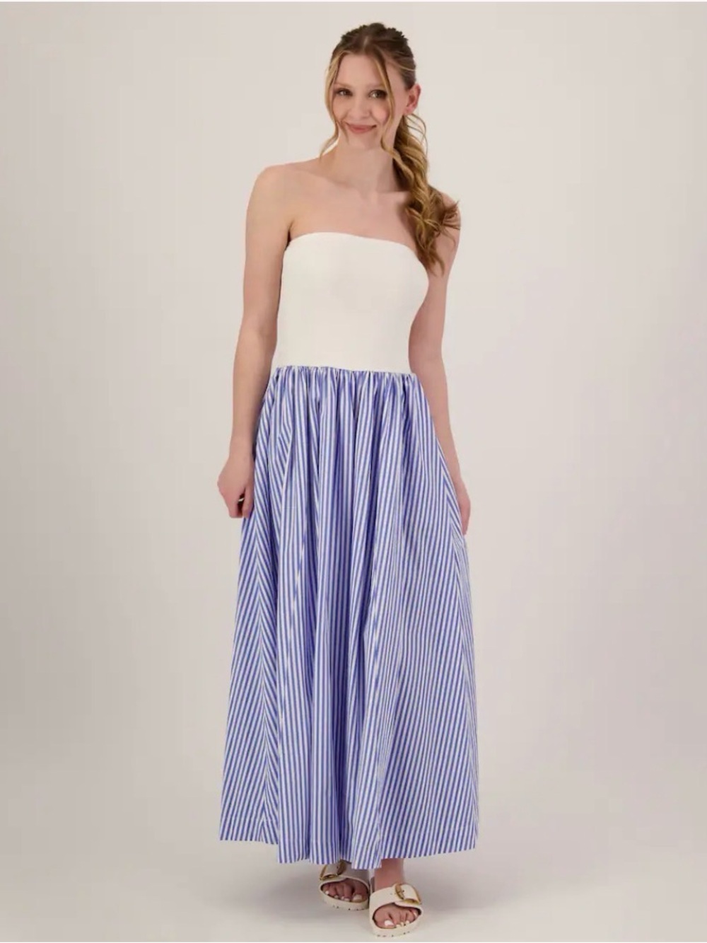Strapless White Bodice with Blue Striped Maxi Skirt Dress